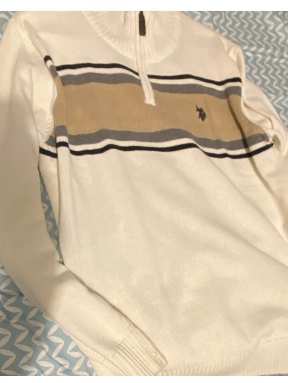 Polo by Ralph Lauren Cream Half-Zip Sweater with Tan and Gray Stripes